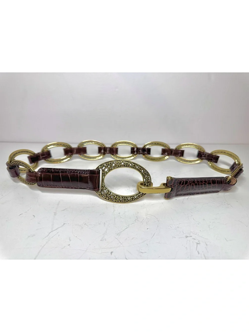 Vintage Brighton Dark Brown Croc-Embossed Leather Brass Tone Chain Links Size 32